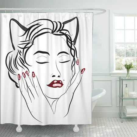 PKNMT Black Adult Face of Beautiful Woman Cat Red Beauty Catwoman Contour Costume Crazy Bathroom Shower Curtain 66x72