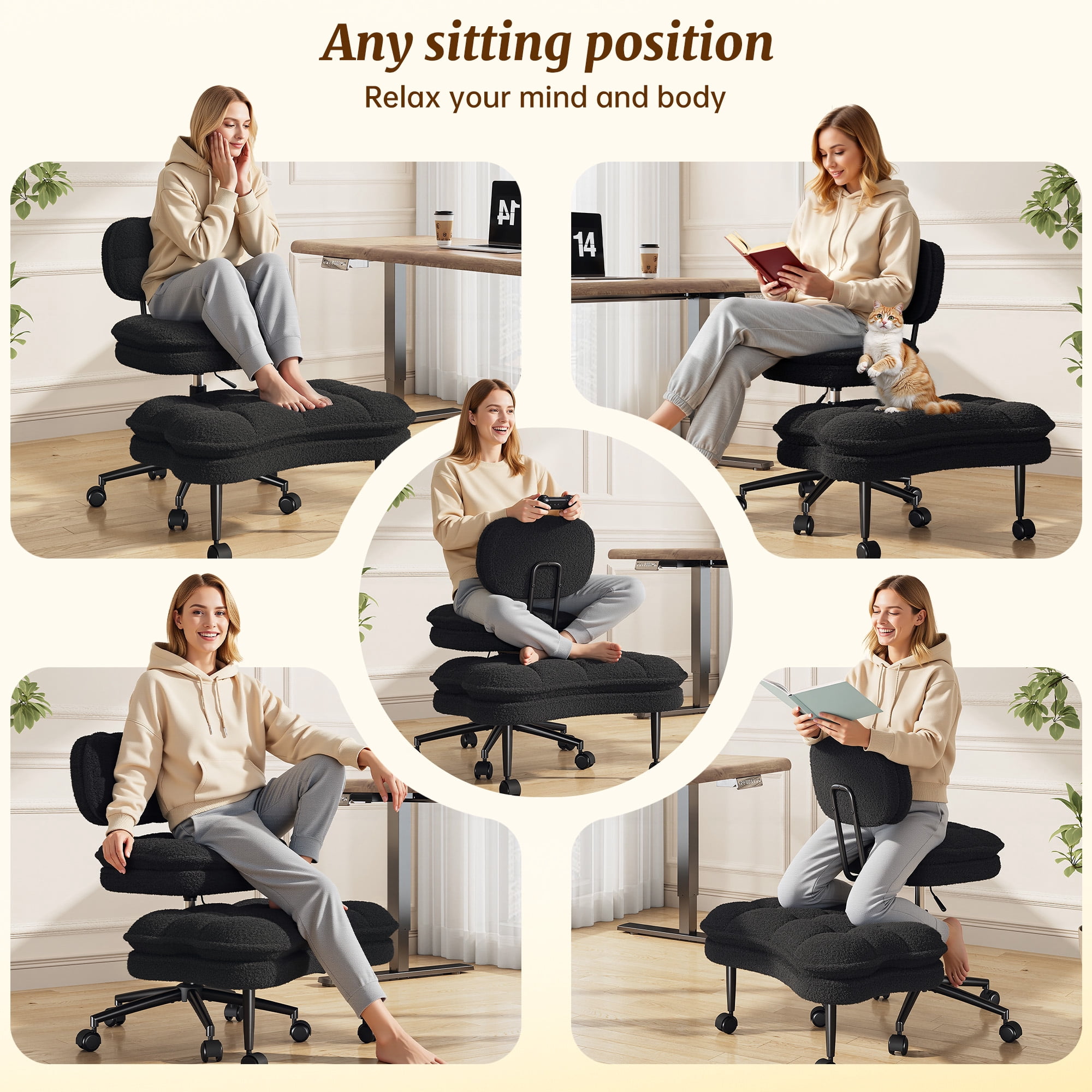 Romorgniz Ergonomic Cross Legged Office Chair 360° Swivel Meditation Chair with Wheels, Kneeling Desk Chair with Height Adjustable Seat, Black