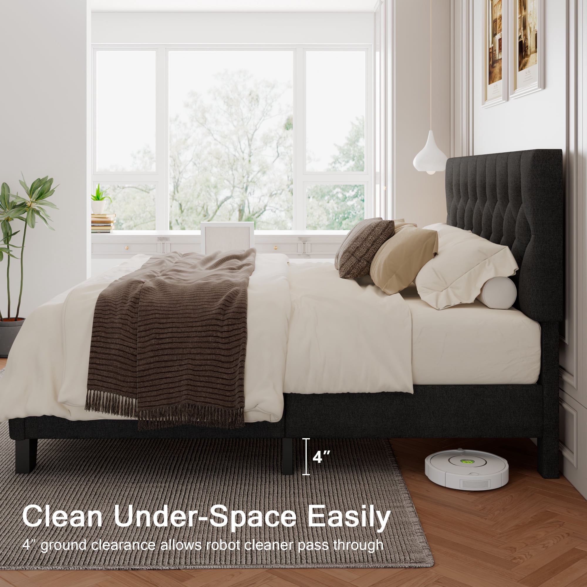 Virans Linen Full Size Platform Bed Frame with Tufted Button Headboard,Upholstered Bed with Wood Slat Support,No Box Spring,Noise Free,Easy Assembly,Dark Gray