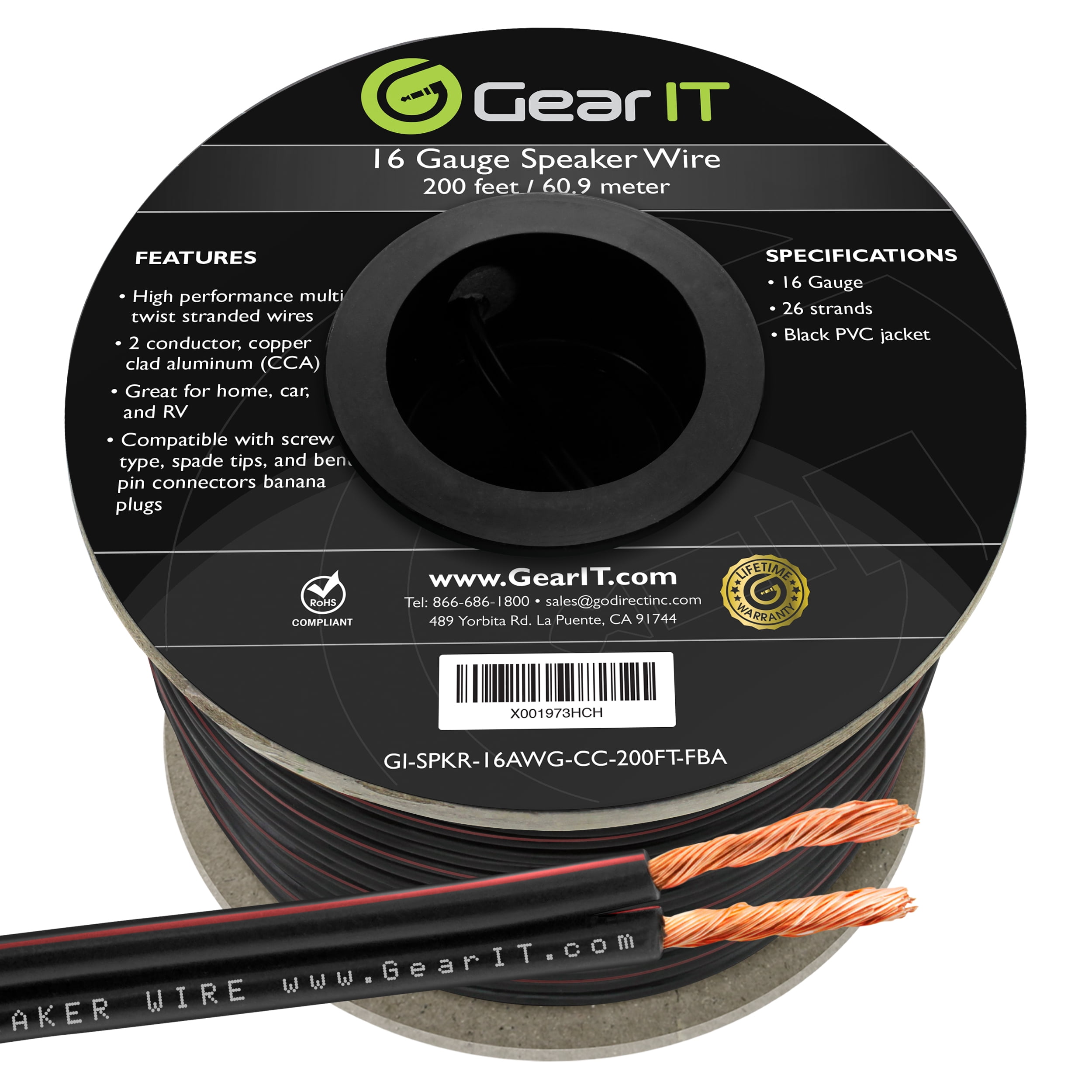 16AWG Speaker Wire, GearIT Pro Series 16 Gauge Speaker Wire Cable (200 Feet  / 60 Meters) Great Use for Home Theater Speakers and Car Speakers, Black