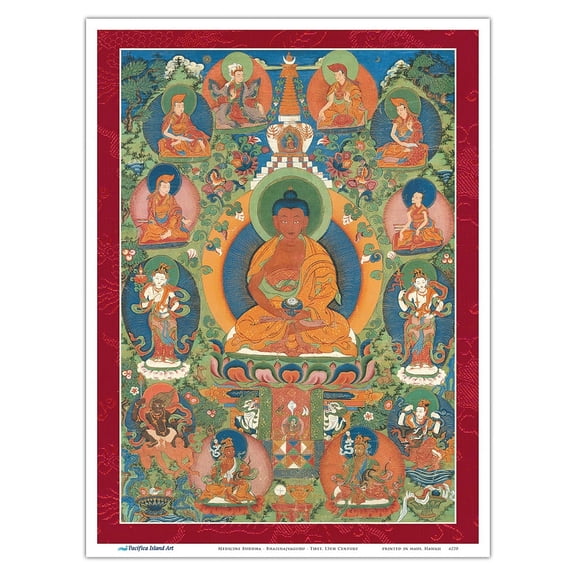 Medicine Buddha - Bhaishajyaguru - Buddhist Deity - Vintage Tibetan Thangka Buddhist Painting - Tibet, 13th Century - Master Art Print (Unframed) 9in x 12in