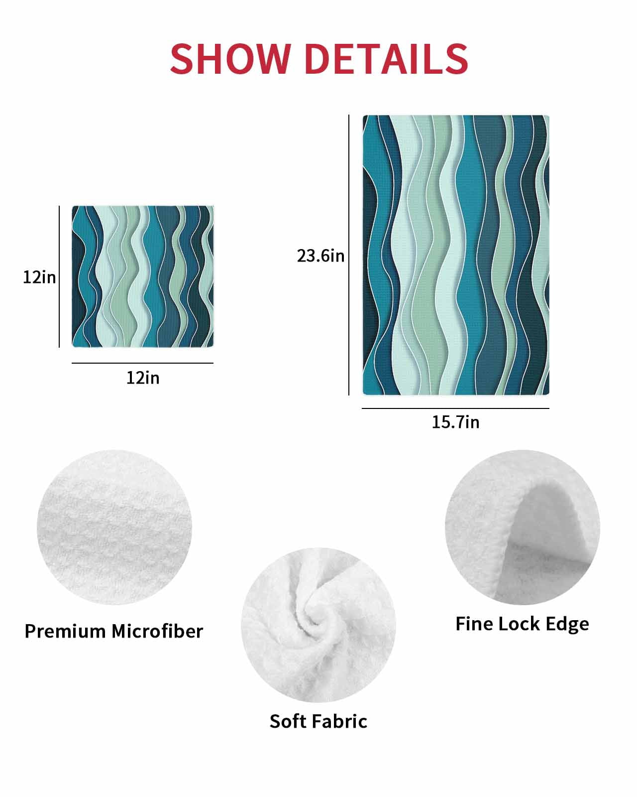 Teal Ombre Kitchen Dish Towels for Drying Dishes Set of 3, Abstract Art Moire Ocean Waves Waffle Weave Microfiber Terry Hand Tea Bathroom Towels Quick Dry & Absorbent Towel 15.7x23.6
