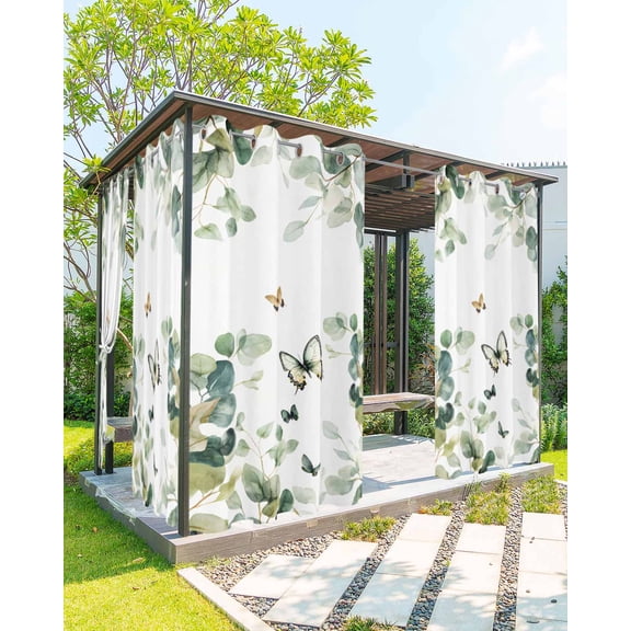 nqOlkjepod Outdoor Curtains for Patio Waterproof, Green Eucalyptus Leaves Outdoor Privacy Panels Grommet, Summer Botanical Butterflies Blackout Outside Curtains for Porch/Cabana 54"x95", 1 Panel