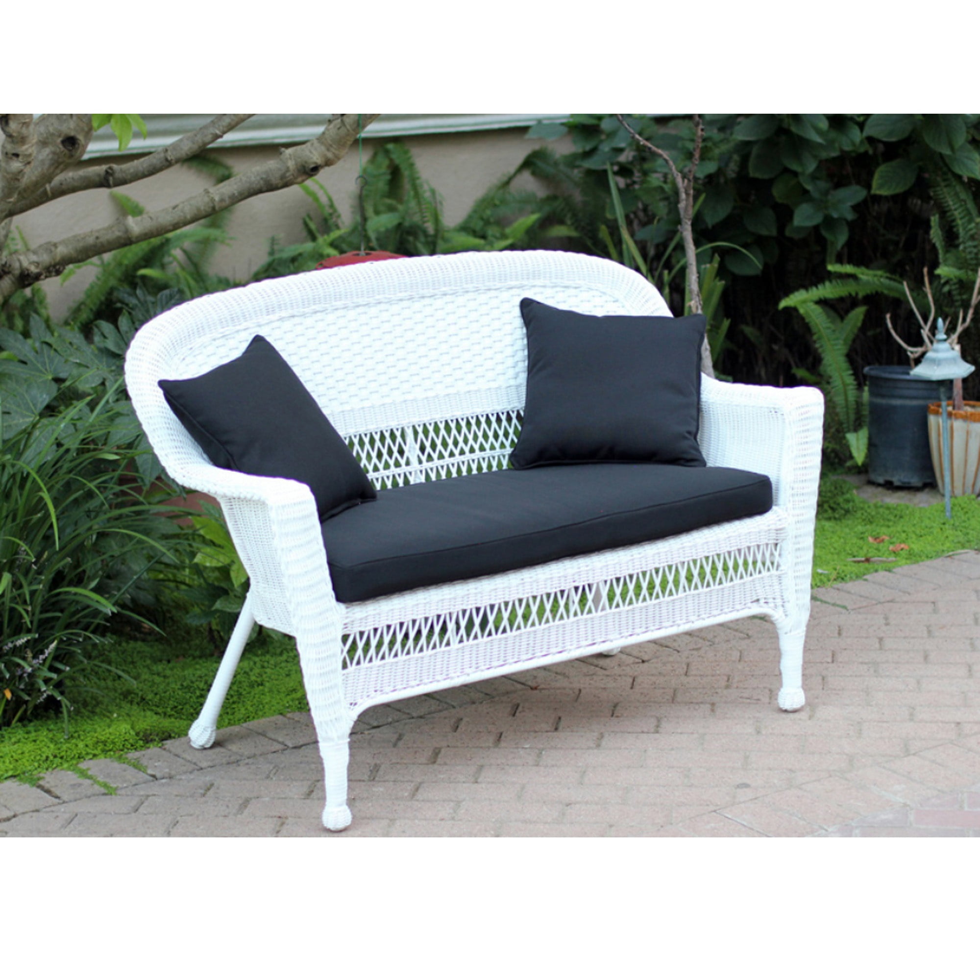 51 Jasmine White Resin Wicker Patio Loveseat With Midnight Black Cushion And Pillows 