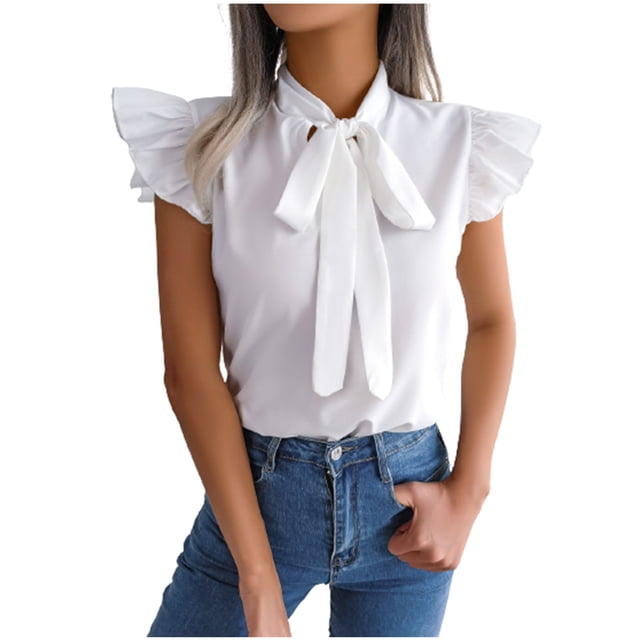 Birdeem Womens Casual Solid Color Auricular Lace Up Bow Chiffon Shirt Top