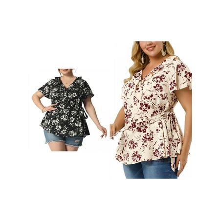 NOMADIC NOOK Women's Plus Size 2 Piece Summer Floral Short Sleeve Tie Waist Wrap Blouse Beige 1X 4X Beige/Black