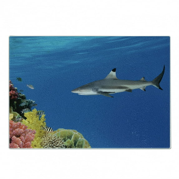 Shark Cutting Board, Tropical Underwater World with Fishes Swimming and Coral Reef Serene Wildlife Picture, Decorative Tempered Glass Cutting and Serving Board, Small Size, Multicolor, by Ambesonne
