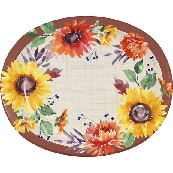 Fall Flowers 12-inch Oval Paper Plates 8 Per Pack