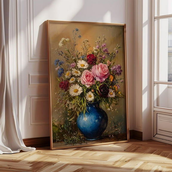 Rustic Floral Still Life Art Print – Pink Roses And Wildflowers In Blue Vase – Country Cottage Botanical Wall Decor For Romantic Homes Wall Art, Modern Wall Decor, 8x12 UNFRAMED