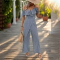 thumbnail image 4 of Women's Dressy Jumpsuits, Jumpsuit for Women Dressy Casual Striped Cold Shoulder Strap Ruffle Sleeve Wide Leg Pants Romper Bussiness Trendy Overalls Athletic Overalls for Women Navy XL, 4 of 5