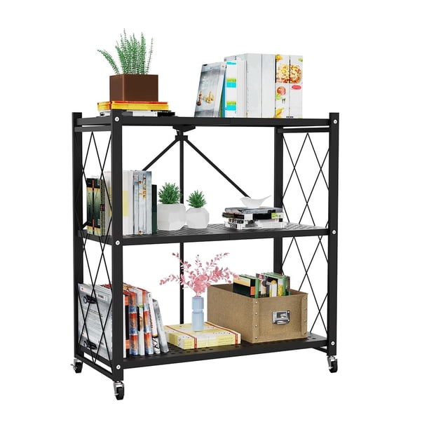 Estante de almacenamiento plegable de 3 niveles con ruedas - Estantería de exhibición plegable de metal, carrito con ruedas para libros, estantes de almacenamiento de cocina, organizador de despensa