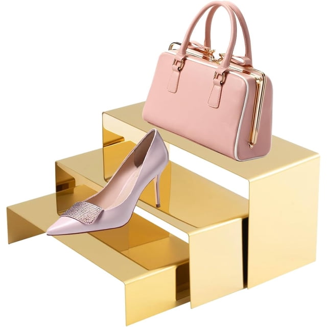 HEYLEAYAR 3Pack Shoe Display Stand Set, 3 Size Purse Display Stand, Perfume Display Stand Stainless Steel Display Risers Countertop Risers for Showcase Home Boutique Retail Store, Titanium Gold