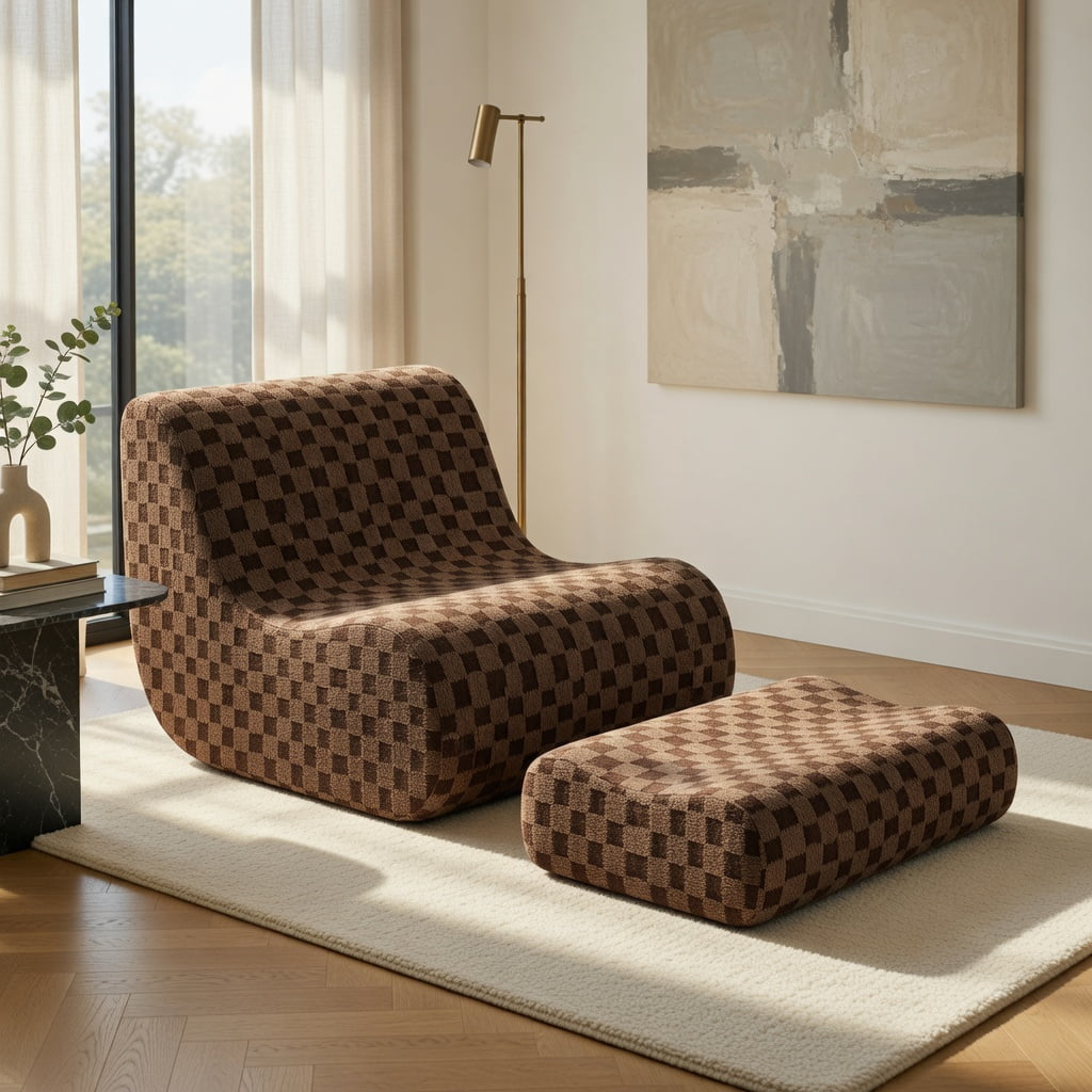 Hommoo Teddy Velvet Bean Bag Chair Set with Ottoman, High-Rebound Foam, Machine-Washable Cover, Non-Slip Base, No Assembly Needed, Brown