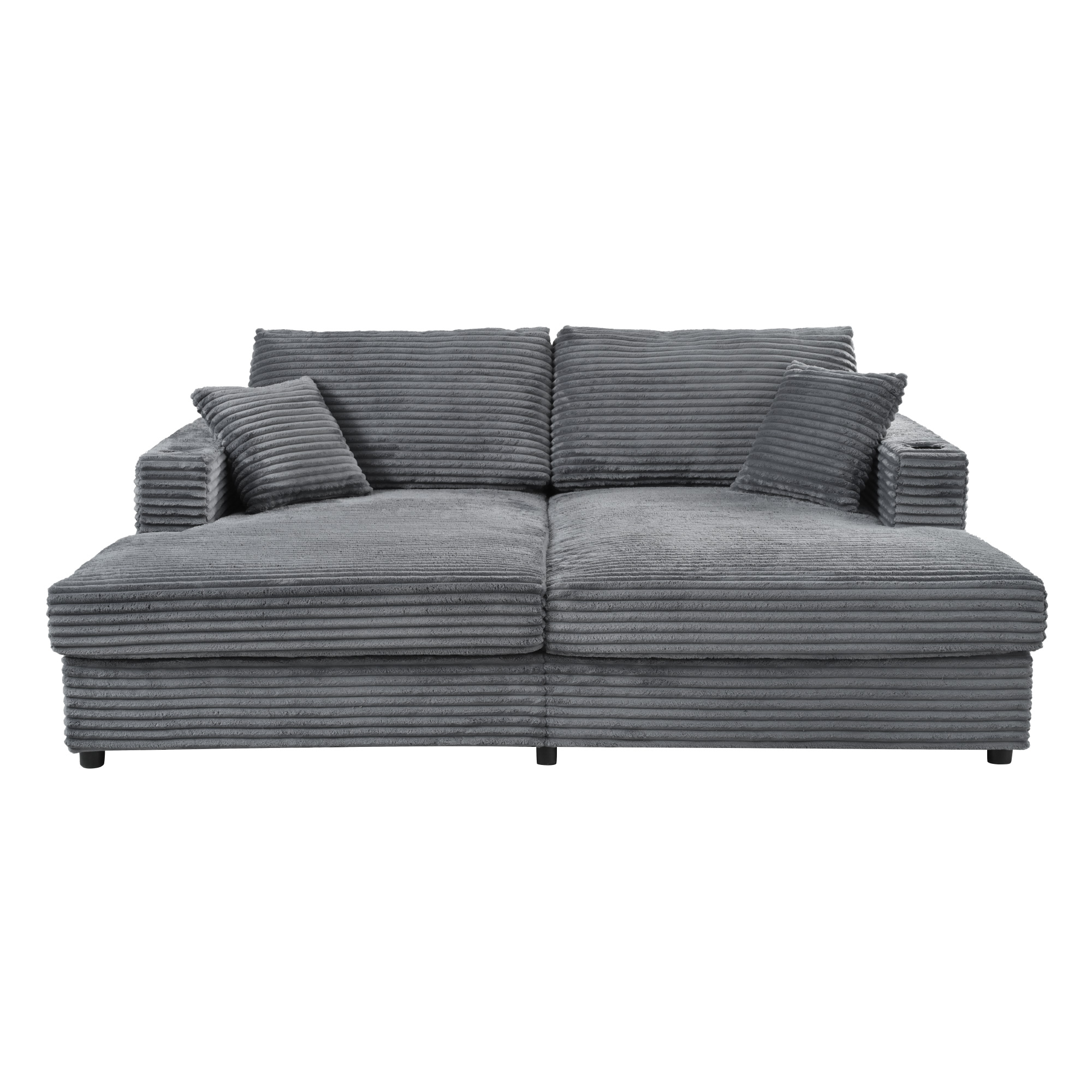 Euroco 86.5" Oversized Loveseat Chaise Lounge Sectional Sofa Bed Corduroy Sleeper Sofa with Two USB Ports , Two Cup Holders and Two Throw Pillows for Living Room and Bedroom, Dark Gray