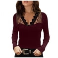 thumbnail image 1 of Blusa informal de manga larga con retazos de encaje y cuello en V para mujer Pompotops gfhjh22894, 1 of 8