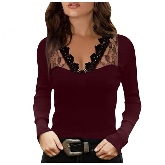 Blusa informal de manga larga con retazos de encaje y cuello en V para mujer Pompotops gfhjh22894