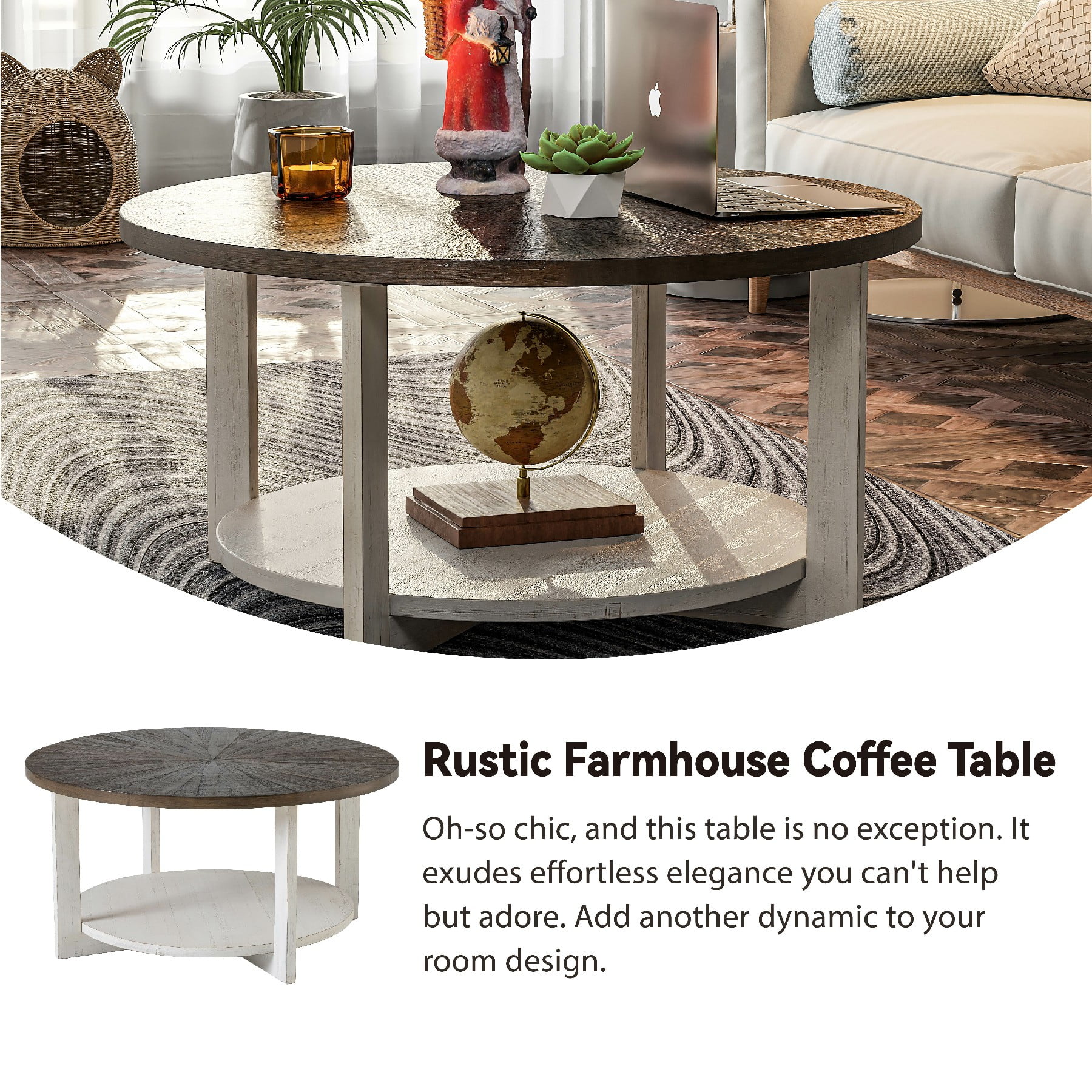 COZAYH Rustic Farmhouse Large Round Wood Coffee Table with Storage Shelf, Brown