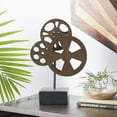 thumbnail image 3 of Bronze Metal Film Reel Decorative Sculpture with Elevated Block Base, 11" x 5" x 16", by DecMode, 3 of 17