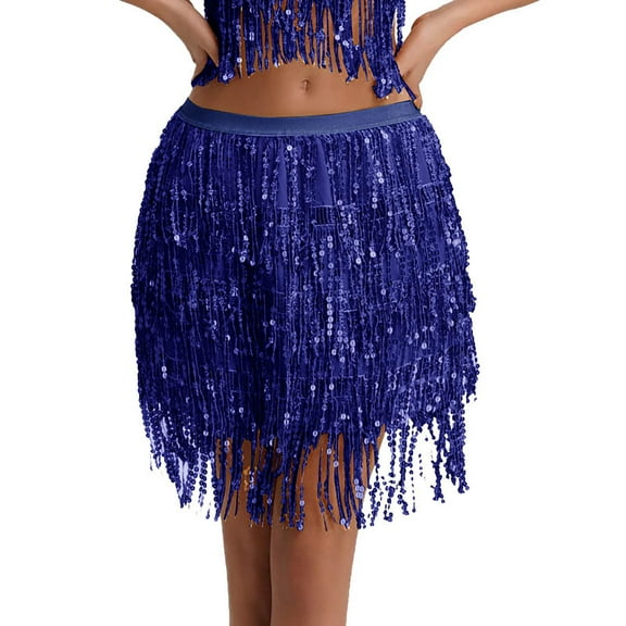 VUPSGEZ Sequin Fringe Women's Nightclub Skirt Skirt Stage With Sparkly Sparkly Costume Fashion Skirt (Blue,L)