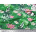thumbnail image 2 of Soimoi Green Poly Georgette Fabric Yacht & Lotus Flower Decor Fabric Printed BTY 52 Inch Wide, 2 of 3