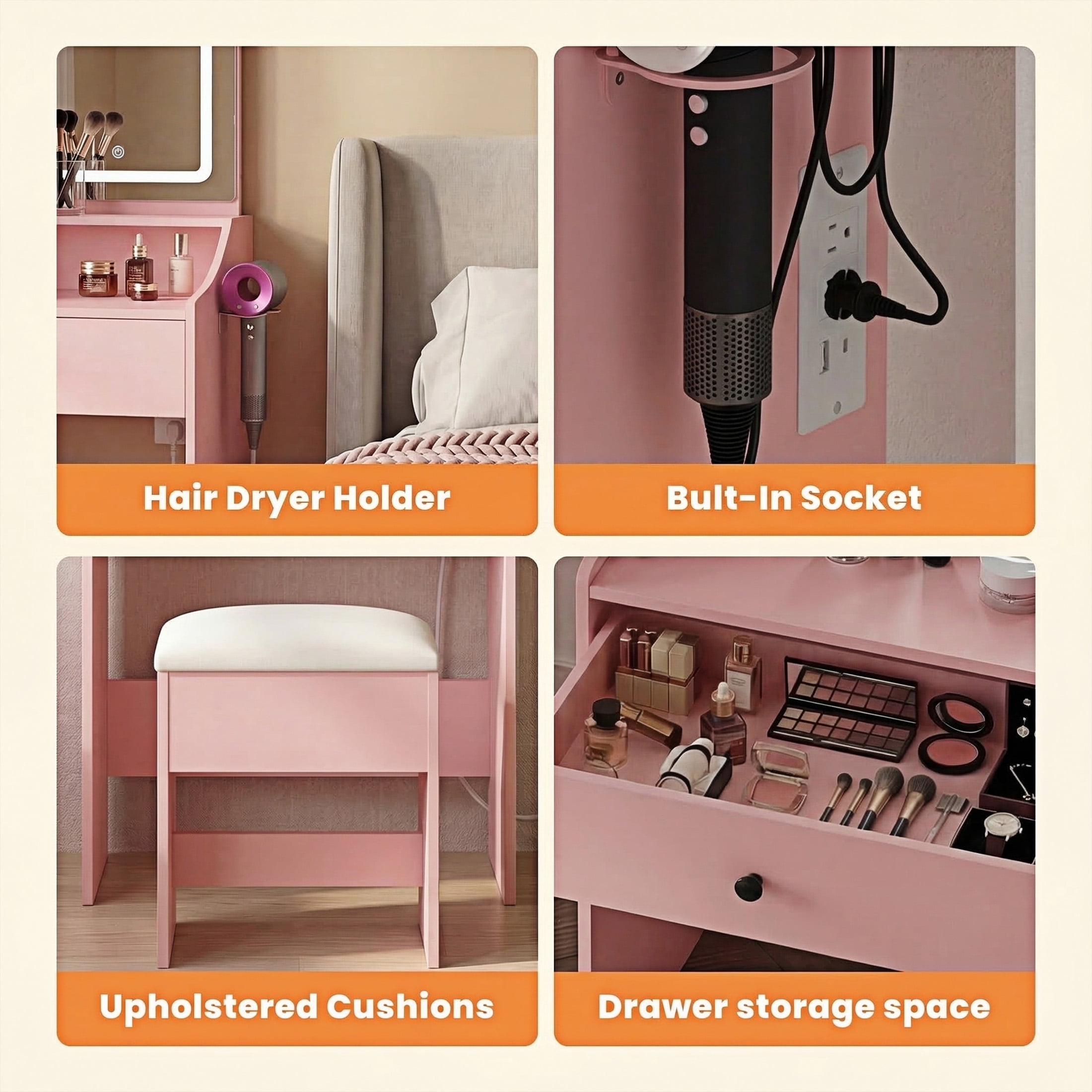 EDX 24" Makeup Vanity Table and Chair Set,  Modern Vanity Desk with Mirror,  Power Outlets&3 Lighting Modes,  Pink
