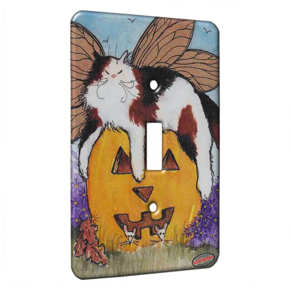 KuzmarK™ Single Gang Toggle Switch Wall Plate - Calico Maine Coon Kitty Fairy with Jack O'Lantern and Mice Halloween Cat Art by Denise Every