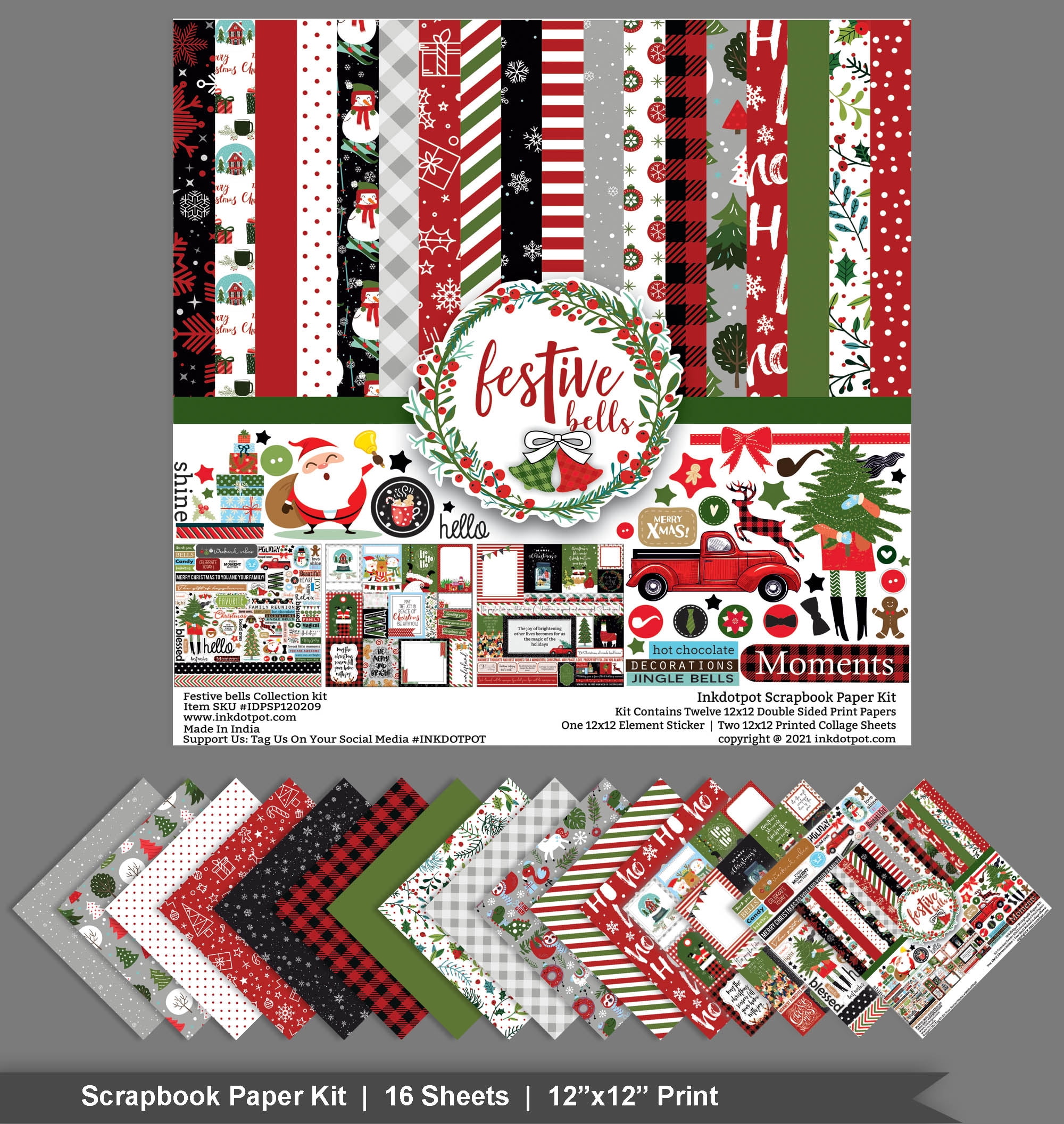 Inkdotpot Red Green Christmas Theme Collection Double,Sided Scrapbook Paper Kit Cardstock 12"x12" Card Making Paper Pack Of With Sticker Sheet - 16 Pages - Brown & Yellow