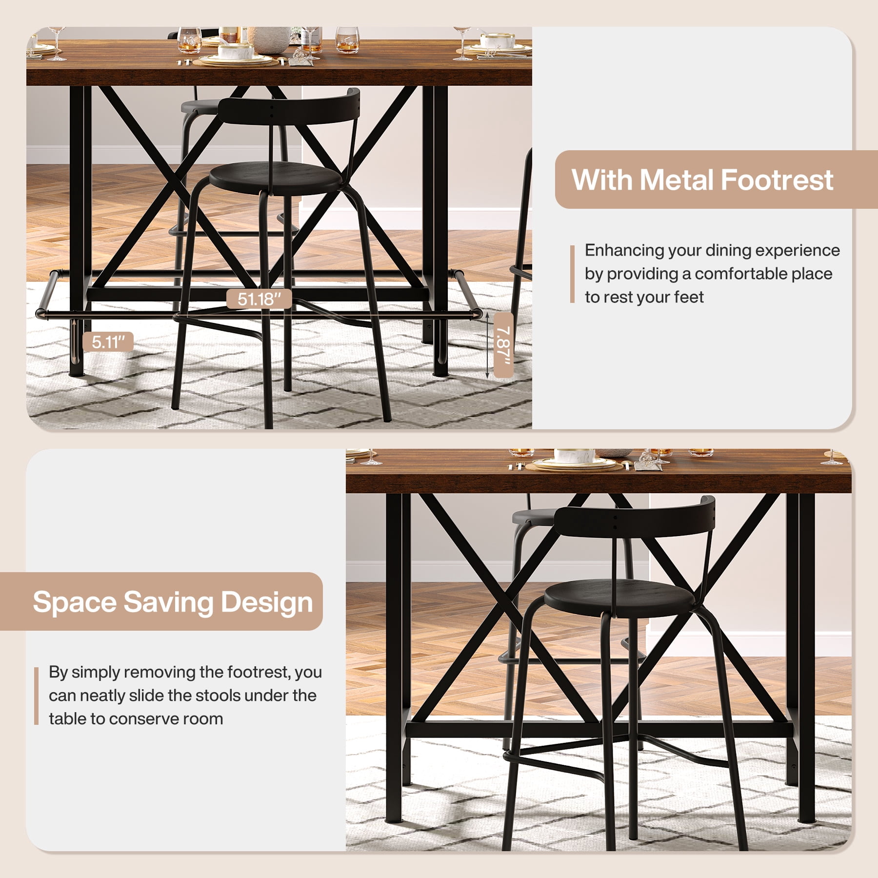 Fnova 35.4" Tall Dining Table, Rectangular Counter Height Kitchen Table with Metal Footrest for 6 People