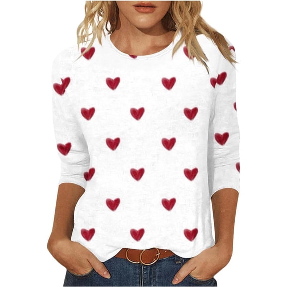 XAOFW Women'S T-Shirts Valentine'S Day Heart Printed Round Neck 3/4 Sleeve Soft Breathable Holiday Vacation Tee