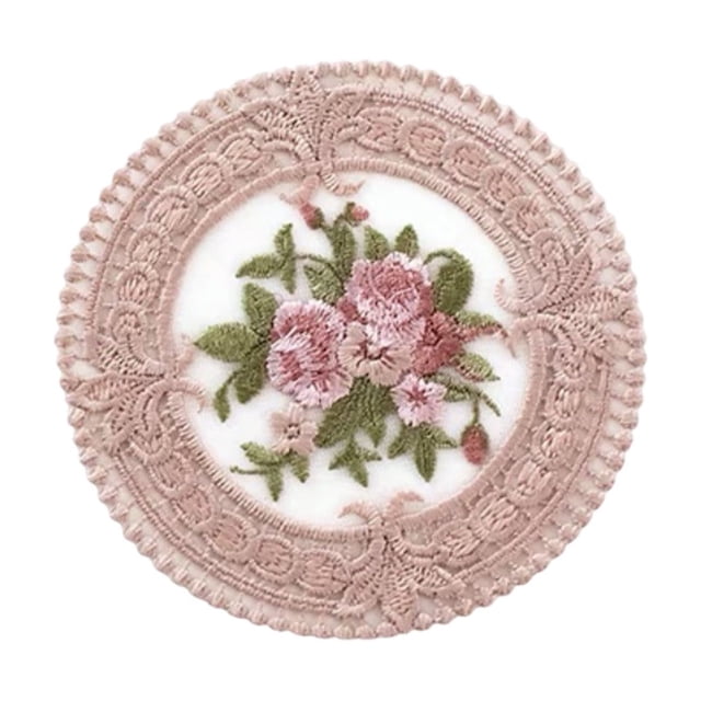 Napperons Ronds pour Table, Isolation Thermique, Polyester, Bordure en Dentelle avec Broderie de Roses, Beige Rose Blanc, 4,6 Po