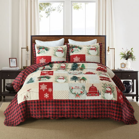 3-Piece Reversible Oversized Velvet Quilted Christmas Quilt Set – Luxurious Holiday Bedding with Matching Pillow Shams BYV208