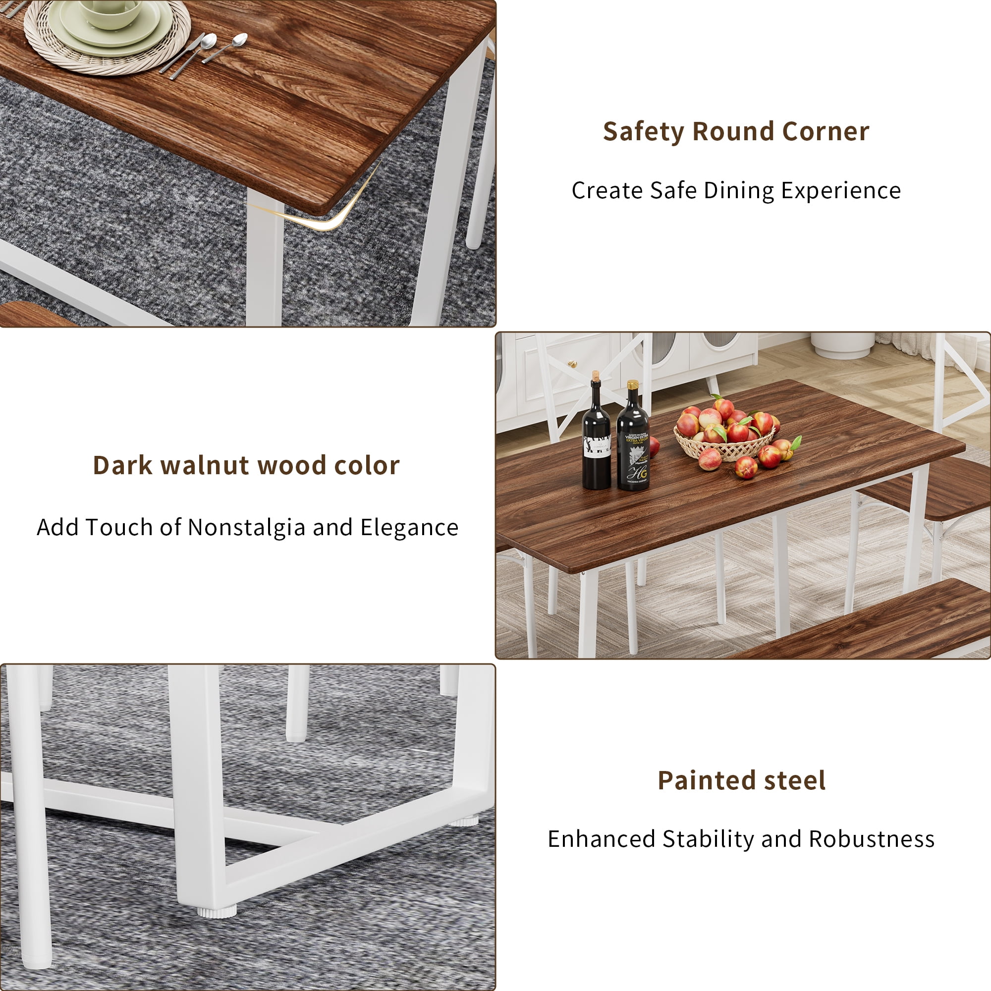 4-Piece Dining Table Set with 2 Chairs and Bench,Modern Kitchen Table Set for Breakfast,Small Space,Apartment,Dark Walnut