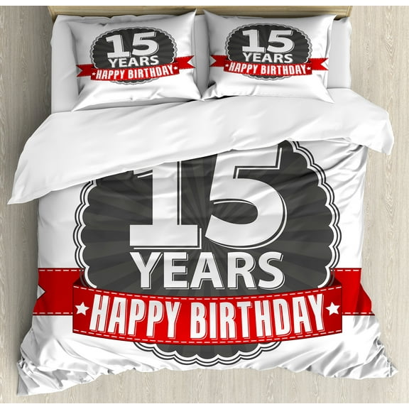 15th Birthday Duvet Cover Set Queen Size, Fifteen Years Emblem and Celebration Label in Vintage Style Design, Decorative 3 Piece Bedding Set with 2 Pillow Shams, Red Grey and White, by Ambesonne