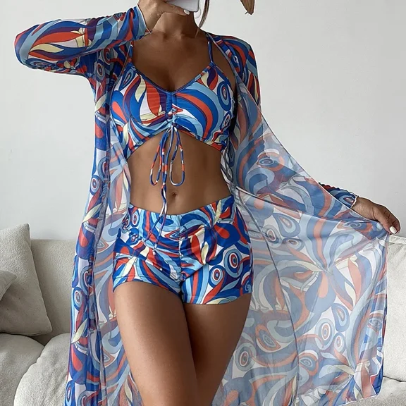 UJJHMRR Bikini New Summer Women Sexy 3 Pieces Suit Floral Print Swimwear Drawstring Bikini SeT Holiday Beachwear Bodysuit Overall Swimsuit