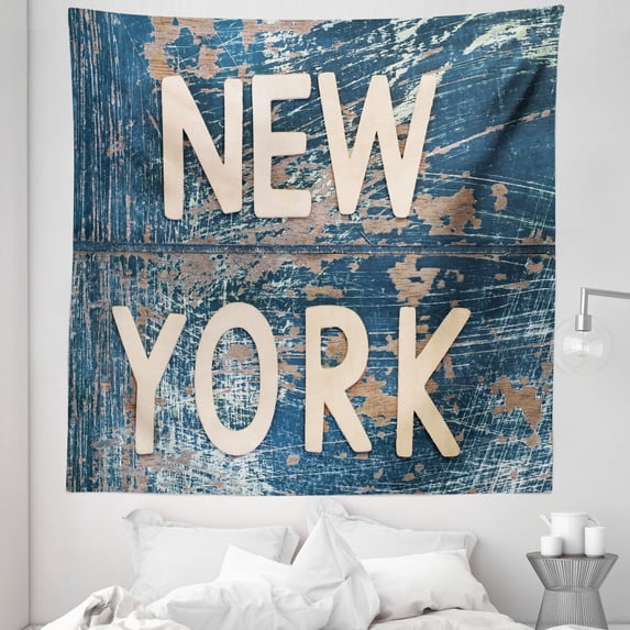 Rustic Blue Tapestry, New York Text with Wooden Letters on Weathered Look Scratchy Backdrop, Fabric Wall Hanging Decor for Bedroom Living Room Dorm, 5 Sizes, Beige and Warm Taupe, by Ambesonne