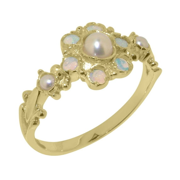 LBG British Made 9k Yellow Gold Cultured Pearl & Opal Womens Promise Ring - 33 size options - Size 9.5