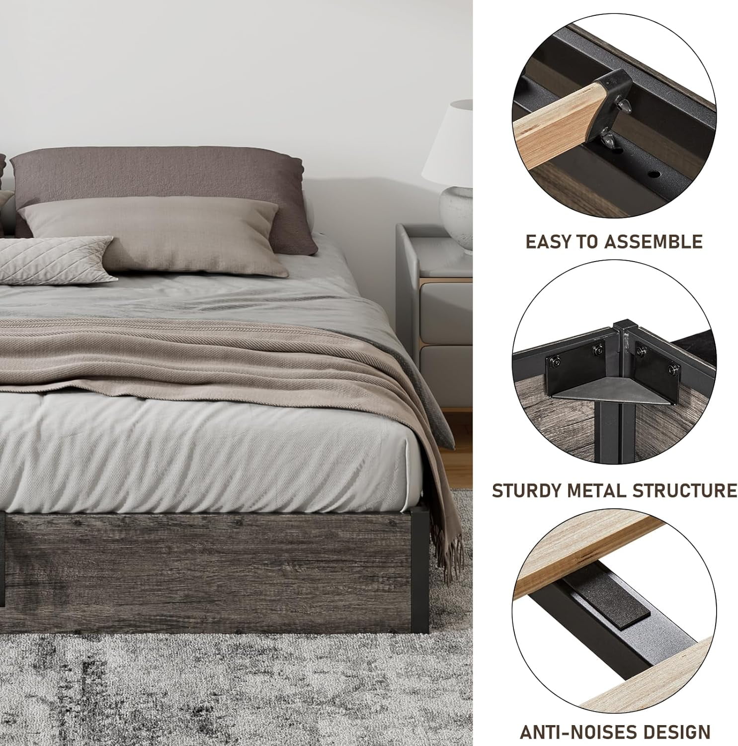 VanAcc Full Size Lift Up Storage Platform Bed Frame, Metal Bed Frame with Wooden Slats Support, Large Storage Space, Easy Assembly, Rustic Grey