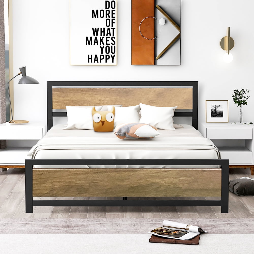 Contemporary Queen Size Metal Bed Frame Platform Headboard Bedroom Furniture