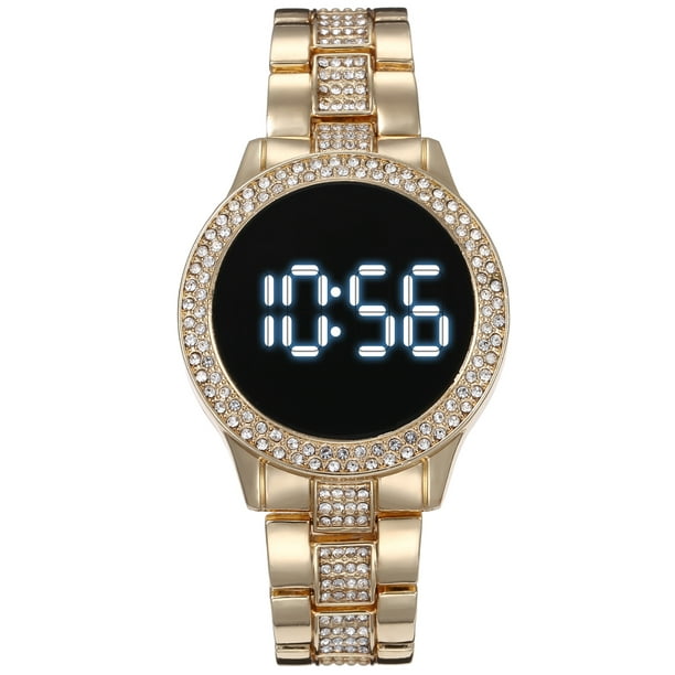 Reloj electrónico LED resistente al agua con doble fila de diamantes para hombres y mujeres, reloj de disco grande para traje de hombre europeo y americano