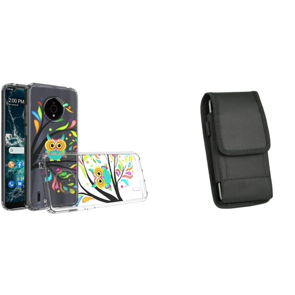 Case and Pouch Bundle for Nokia C200: Slim Series TPU Protector Case (Cute Owl) and Vertical Nylon Belt Holster