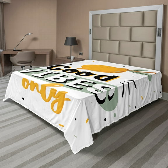 Ambesonne Saying Flat Sheet, Phrase Dots and Lemon, King Size, Orange Sage Green