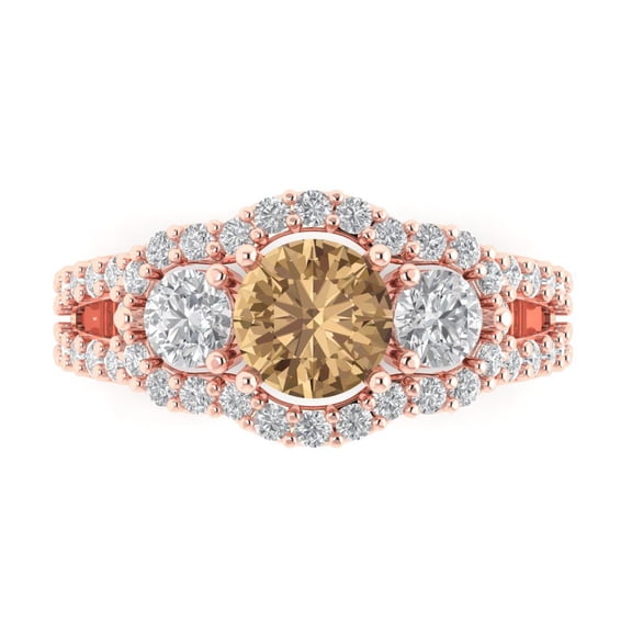Three-Stone Engagement Ring for Women - 2.16ct Simulated Champagne Diamond in 14K Rose Gold Promise Ring