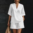 thumbnail image 2 of ZIXKCGDSE Women 2 Piece Linen Short Sets V Neck Pullover Shirt and Shorts Summer Outfits Size M, 2 of 4
