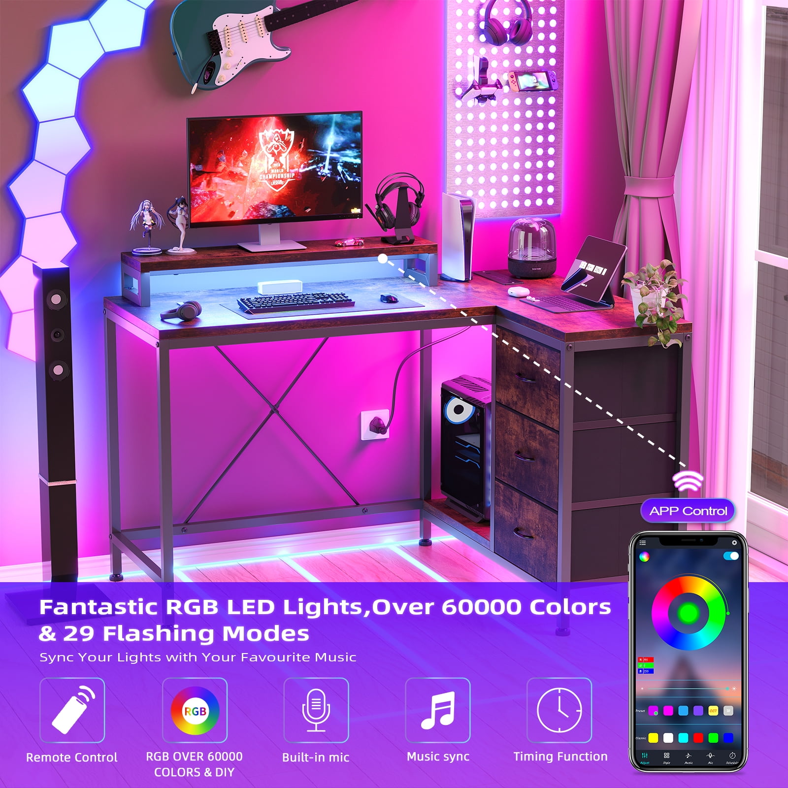 Danolapsi L Shaped Desk with Drawers & Shelves,L Shaped Computer Desk with Power Outlets & LED Lights,Corner Desk Gaming Desk Home Office Corner Desk,Easy to Assemble