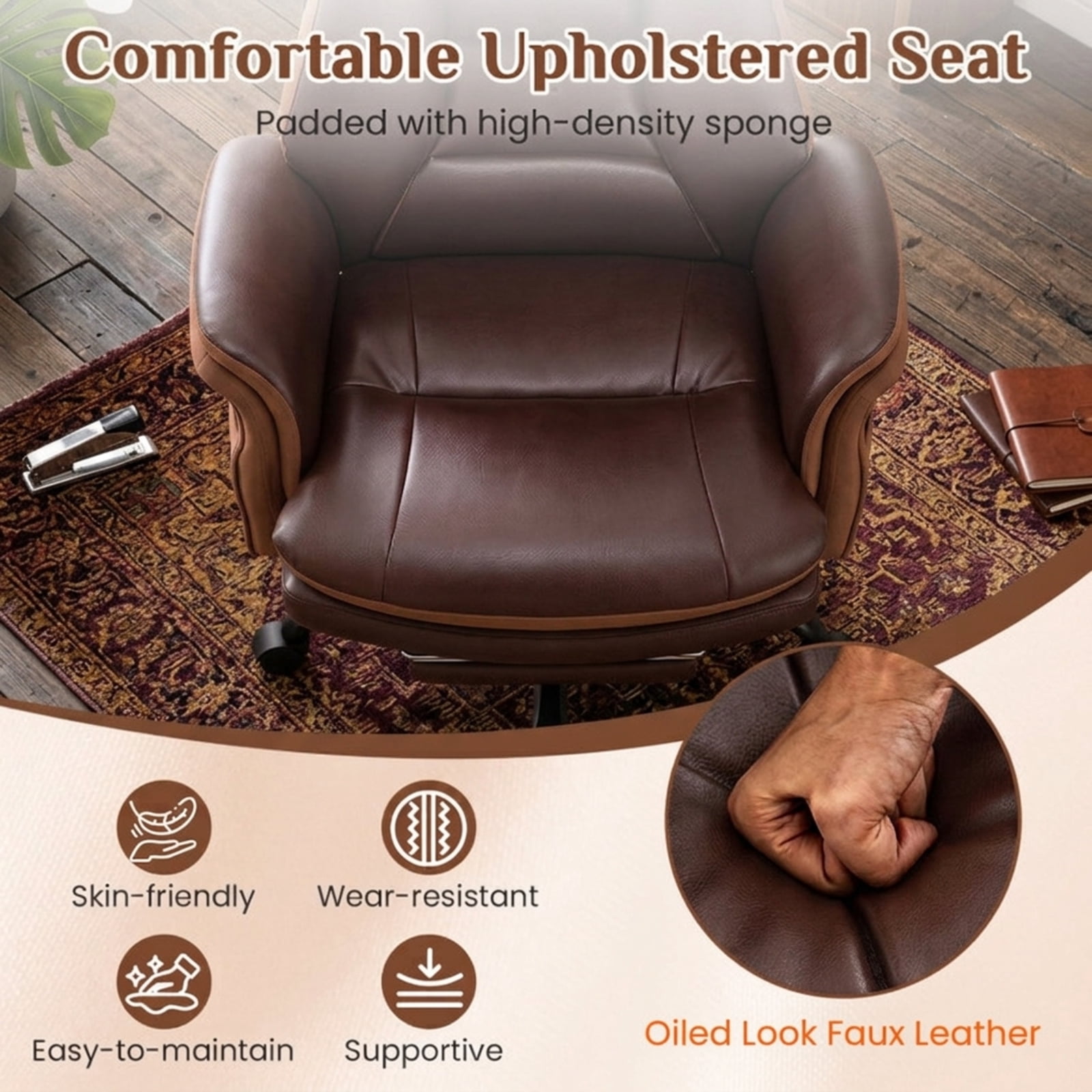 Furnibear Big and Tall Ergonomic Office Chair 400 lbs High Back Wide Faux Leather Computer Chair with Retractable Footrest, Brown