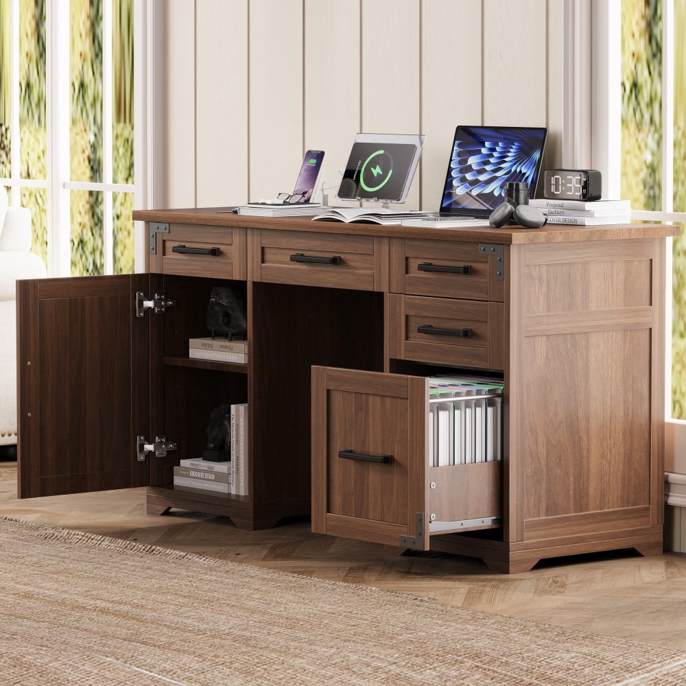 55" Farmhouse Executive Desk with Charging Station & Power Outlet, Computer Desk with 5 Drawers & Cabinet, Rustic Walnut Writing Desk for Home Office, Walnut