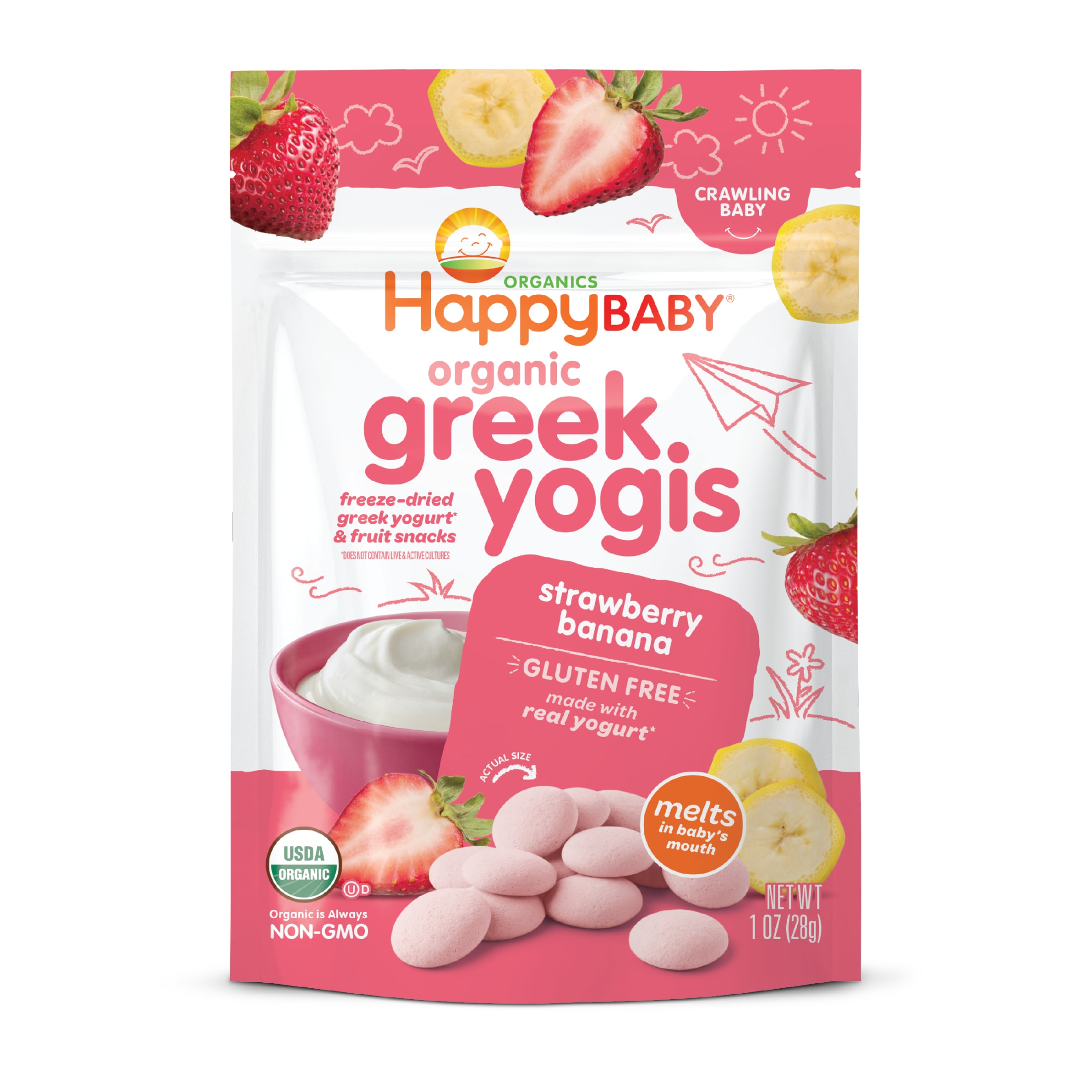 Happy Baby Organics Greek Yogis, Strawberry Banana & Greek Yogurt Organic Freeze-Dried Baby Snack, 1 oz Bag
