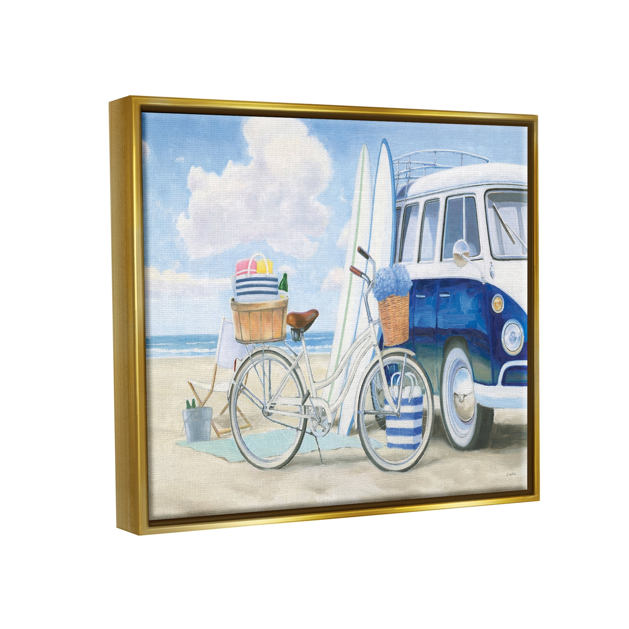 Stupell Industries Bike and Van Beach Nautical Blue White Painting Metallic Gold Framed Floating Canvas Wall Art, 16x20, by James Wiens