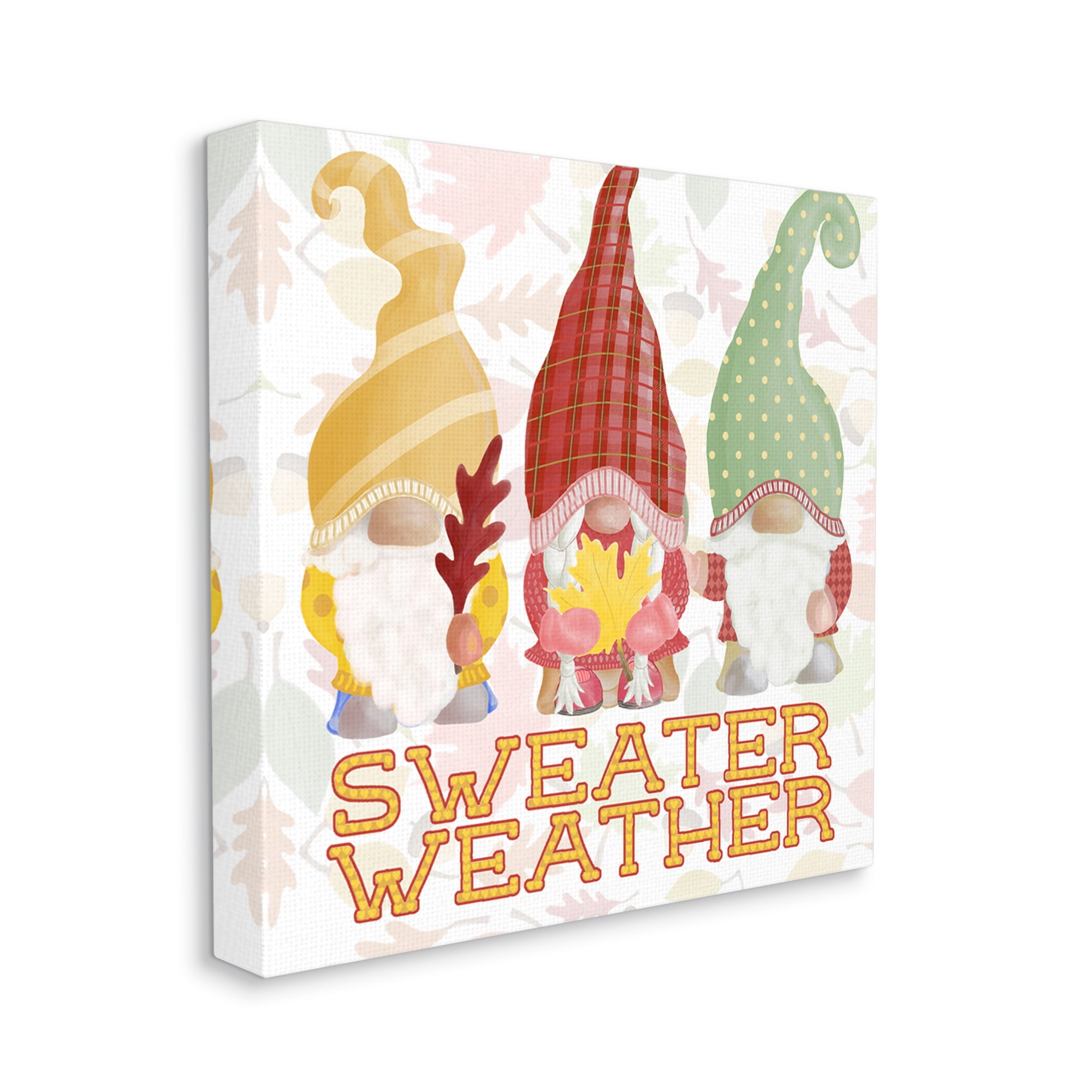 Sweater Weather Warmly Dressed Gnomes Leaf Pattern Inspirational Graphic Art Gallery-Wrapped Canvas Print Wall Art