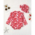 thumbnail image 3 of KIMI BEAR Newborn Baby Girls Spring Swimsuits 6-12 Months Ruffle Long Sleeves One-piece Swim Wear Floral Print Bathing Suits Beach Clothing with Hat 2pcs Red, 3 of 8